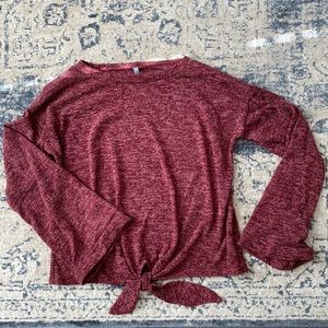 Maroon bell sleeve, tie front sweater